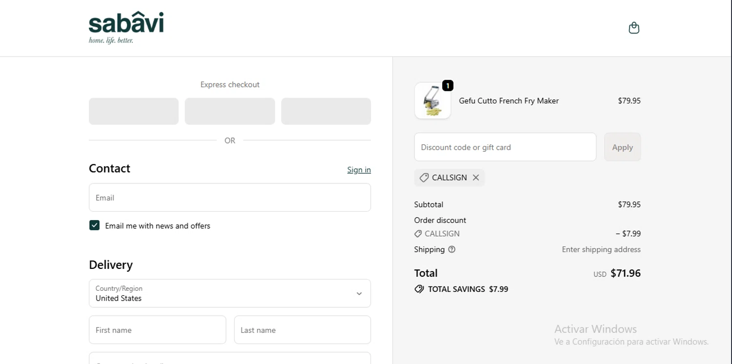 Sabavi Home promo code screenshot showing code CALLSIGN applied at Sabavi Home checkout page. Uploaded by SimplyCodes community member CodeEagle1166 on Nov 15, 2025