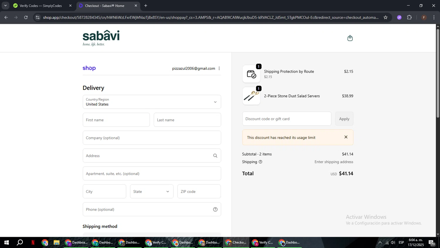 Sabavi Home promo code screenshot showing code CALLSIGN applied at Sabavi Home checkout page. Uploaded by SimplyCodes community member ExtraordinaryHunter3076 on Dec 17, 2025