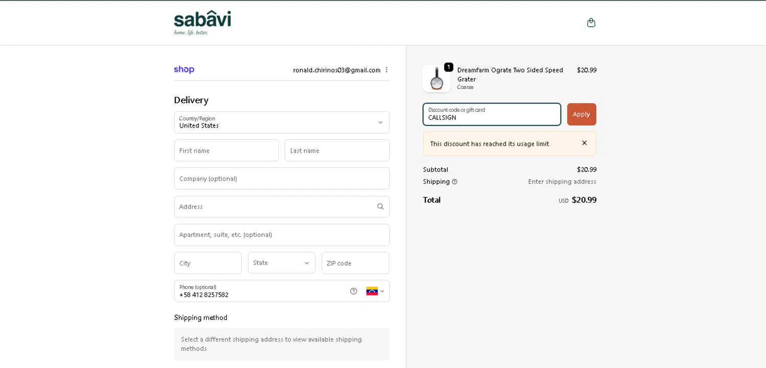 Sabavi Home promo code screenshot showing code CALLSIGN applied at Sabavi Home checkout page. Uploaded by SimplyCodes community member GoldAce6962 on Dec 17, 2025