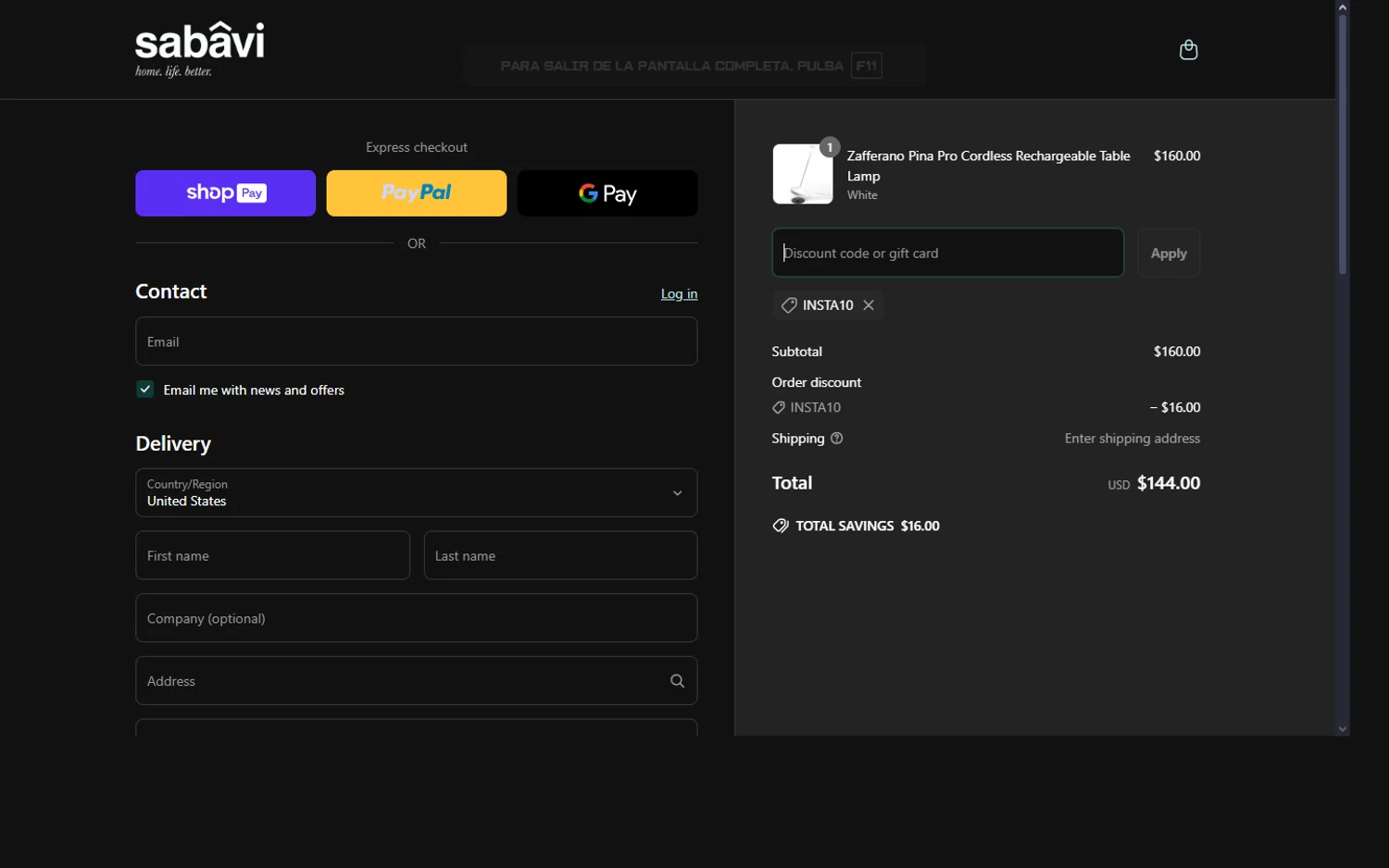 Sabavi Home promo code screenshot showing code INSTA10 applied at Sabavi Home checkout page. Uploaded by SimplyCodes community member GiornoGiovanna on Apr 8, 2025