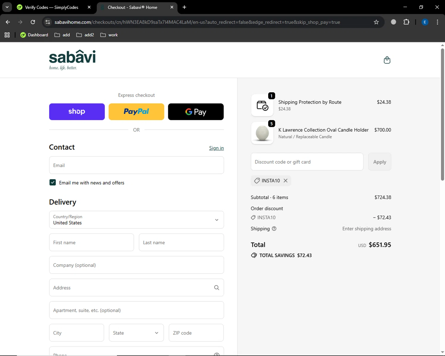 Sabavi Home promo code screenshot showing code INSTA10 applied at Sabavi Home checkout page. Uploaded by SimplyCodes community member GoldSaver5472 on Sep 21, 2025