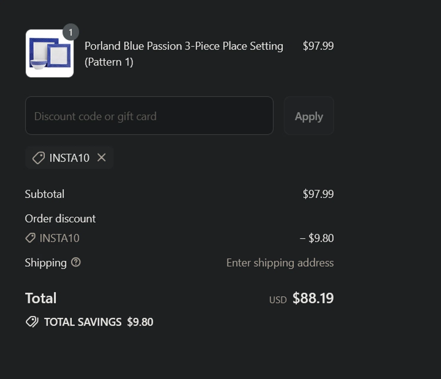 Sabavi Home promo code screenshot showing code INSTA10 applied at Sabavi Home checkout page. Uploaded by SimplyCodes community member xocelot44x on Jul 10, 2025