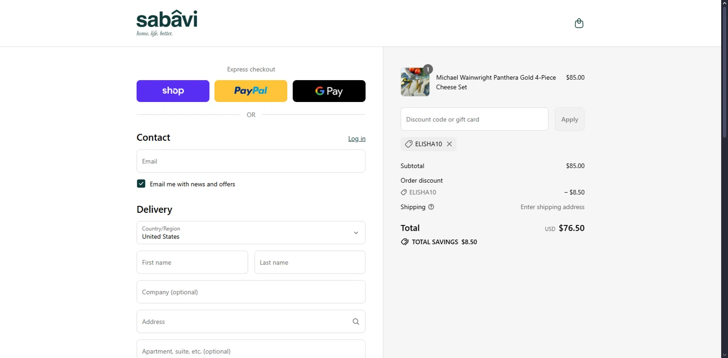 Sabavi Home promo code screenshot showing code ELISHA10 applied at Sabavi Home checkout page. Uploaded by SimplyCodes community member Serdanvz on Sep 3, 2025