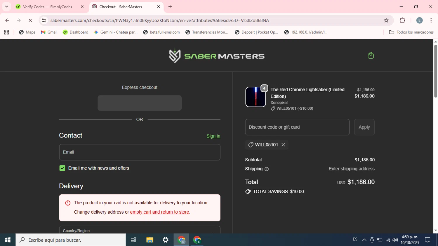 SaberMasters discount code screenshot showing code WILL05101 applied at SaberMasters checkout page. Uploaded by SimplyCodes community member Esteban on Oct 10, 2025