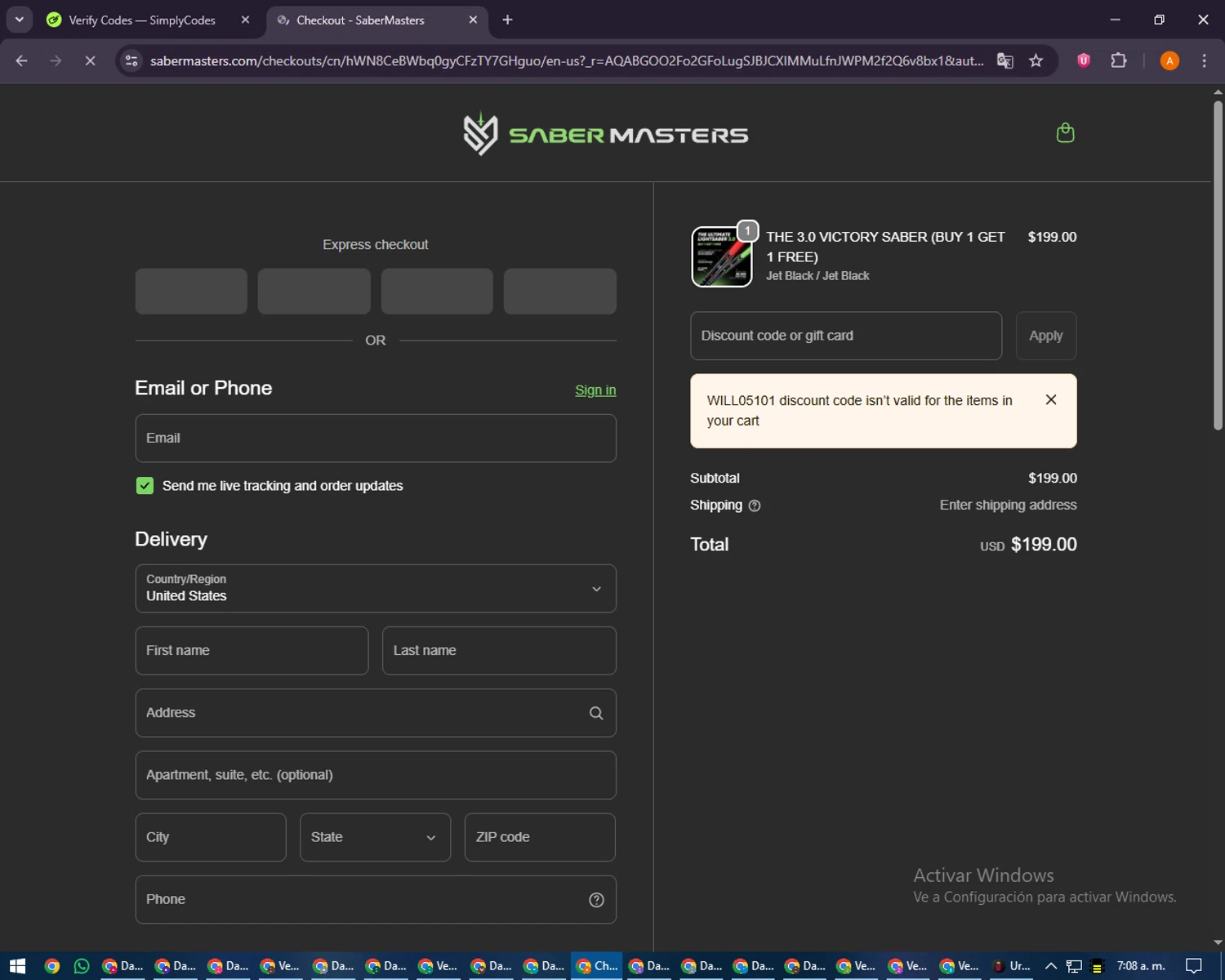 SaberMasters checkout page showing SaberMasters discount code box | Screenshot taken by SimplyCodes community member on Jan 30, 2026