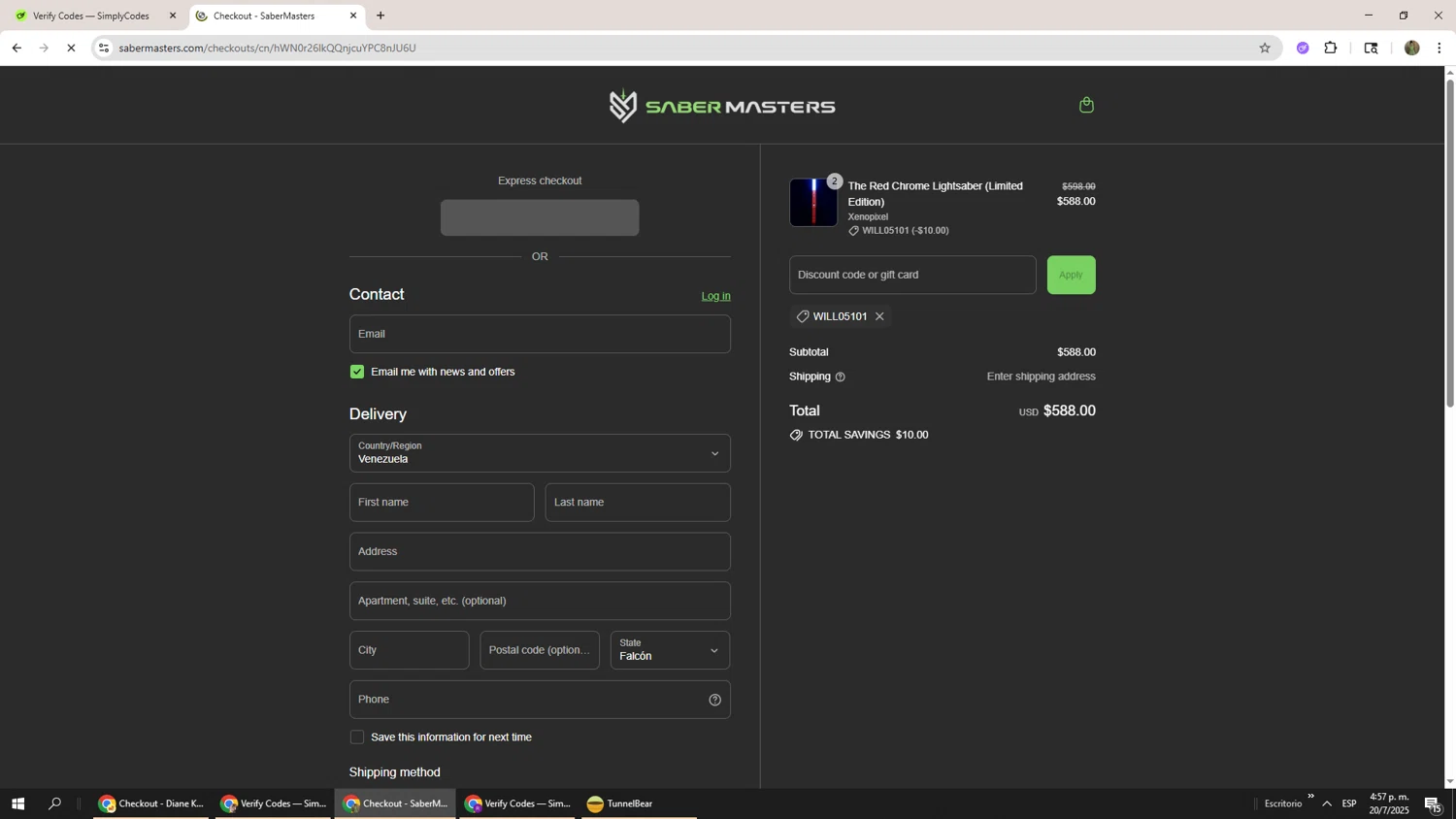 SaberMasters discount code screenshot showing code WILL05101 applied at SaberMasters checkout page. Uploaded by SimplyCodes community member Phoenix585 on Jul 20, 2025