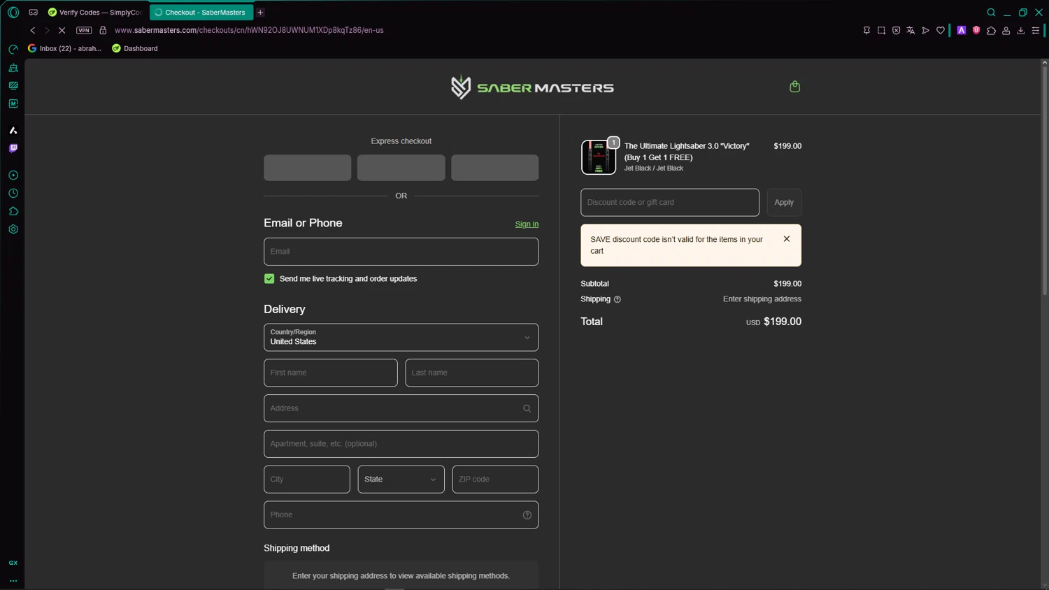 SaberMasters checkout page showing SaberMasters discount code box | Screenshot taken by SimplyCodes community member on Feb 21, 2026