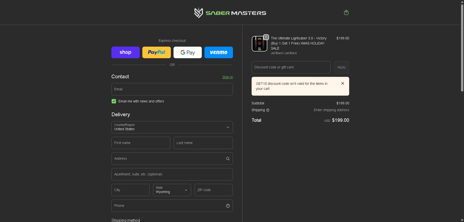 SaberMasters discount code screenshot showing code GET10 applied at SaberMasters checkout page. Uploaded by SimplyCodes community member ExtraordinaryMaven3628 on Dec 22, 2025