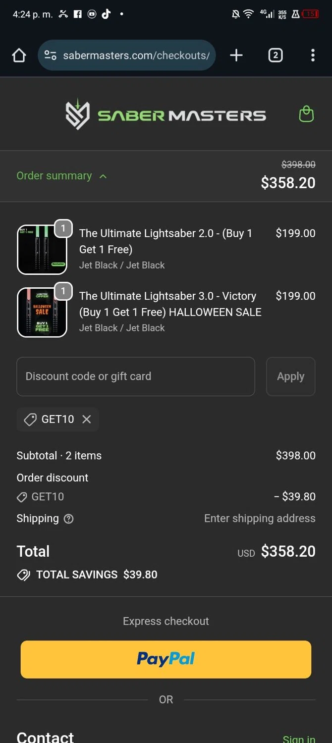 SaberMasters discount code screenshot showing code GET10 applied at SaberMasters checkout page. Uploaded by SimplyCodes community member Nickurtdale on Oct 23, 2025