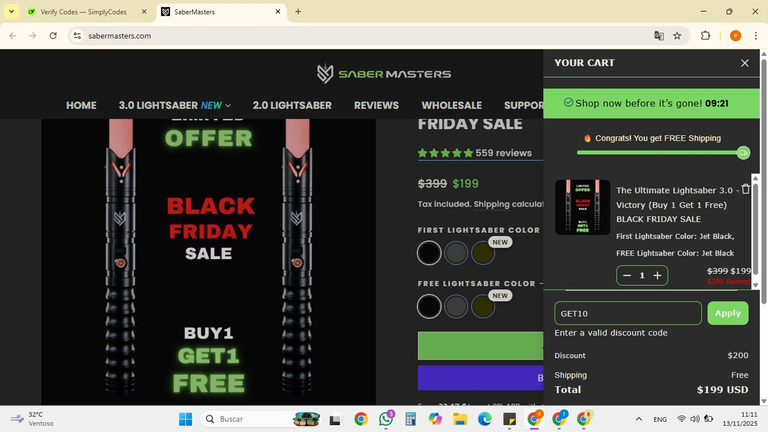 SaberMasters discount code screenshot showing code GET10 applied at SaberMasters checkout page. Uploaded by SimplyCodes community member RebateSpotter7205 on Nov 13, 2025