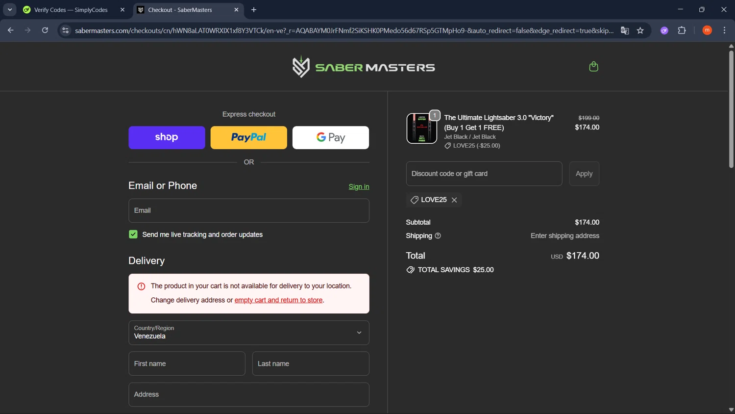 SaberMasters checkout page showing SaberMasters discount code box | Screenshot taken by SimplyCodes community member on Feb 9, 2026