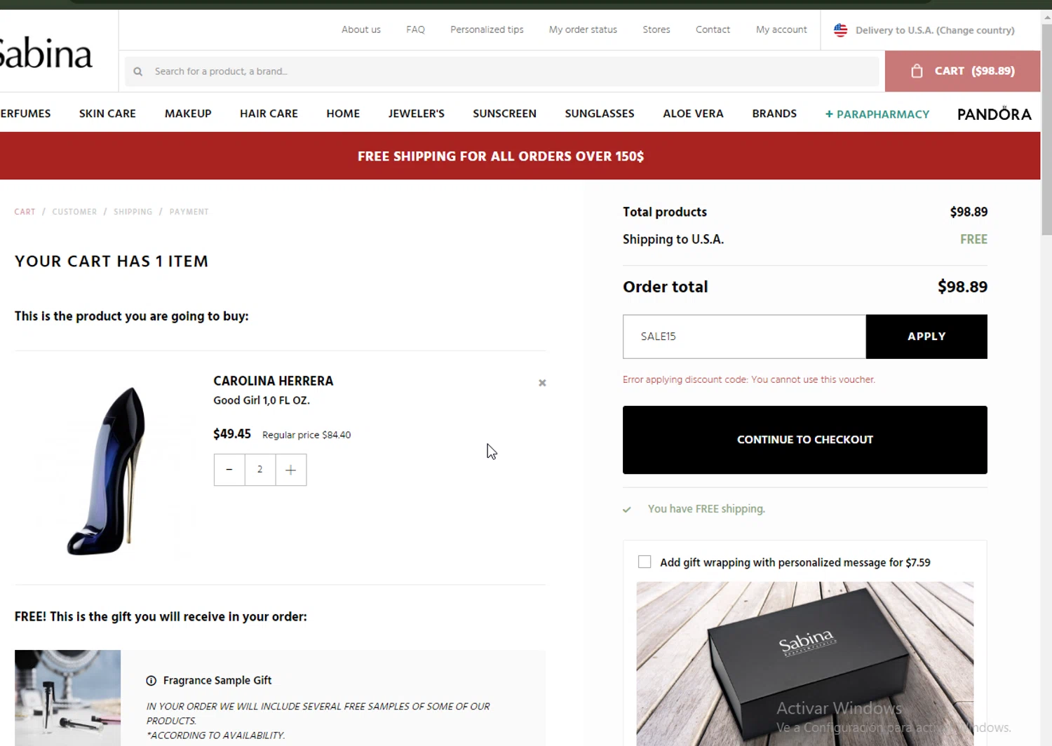 where to use Sabina promo code box