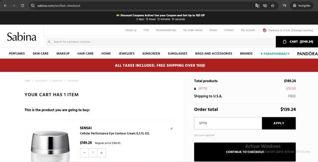 Sabina Beauty & Fashion checkout page showing Sabina Beauty & Fashion promo code box | Screenshot taken by SimplyCodes community member on Sep 15, 2025