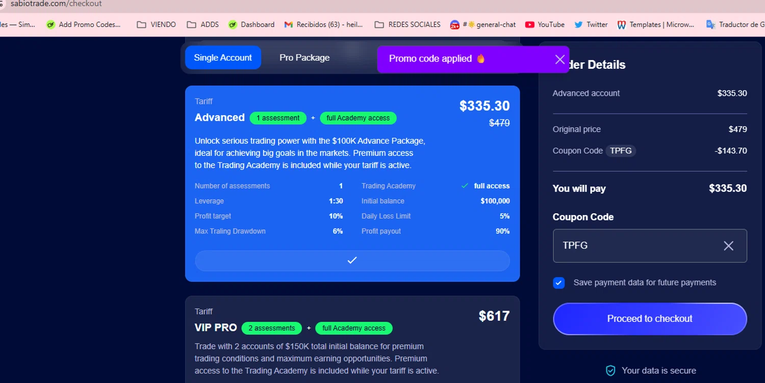 SabioTrade discount code screenshot showing code TPFG applied at SabioTrade checkout page. Uploaded by SimplyCodes community member aumentadax10 on Jul 29, 2025