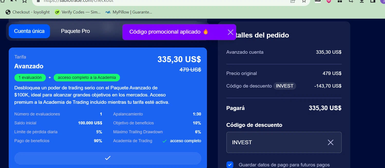 SabioTrade discount code screenshot showing code INVEST applied at SabioTrade checkout page. Uploaded by SimplyCodes community member LALOCOMOTORA10 on Jun 16, 2025