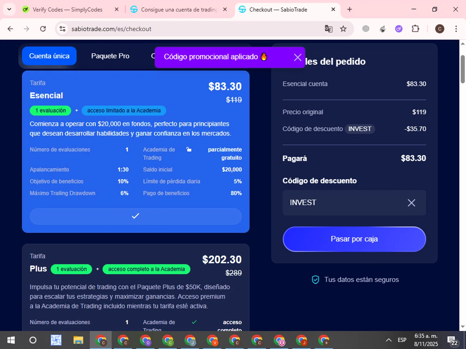 SabioTrade discount code screenshot showing code INVEST applied at SabioTrade checkout page. Uploaded by SimplyCodes community member WonderCurator7831 on Nov 8, 2025