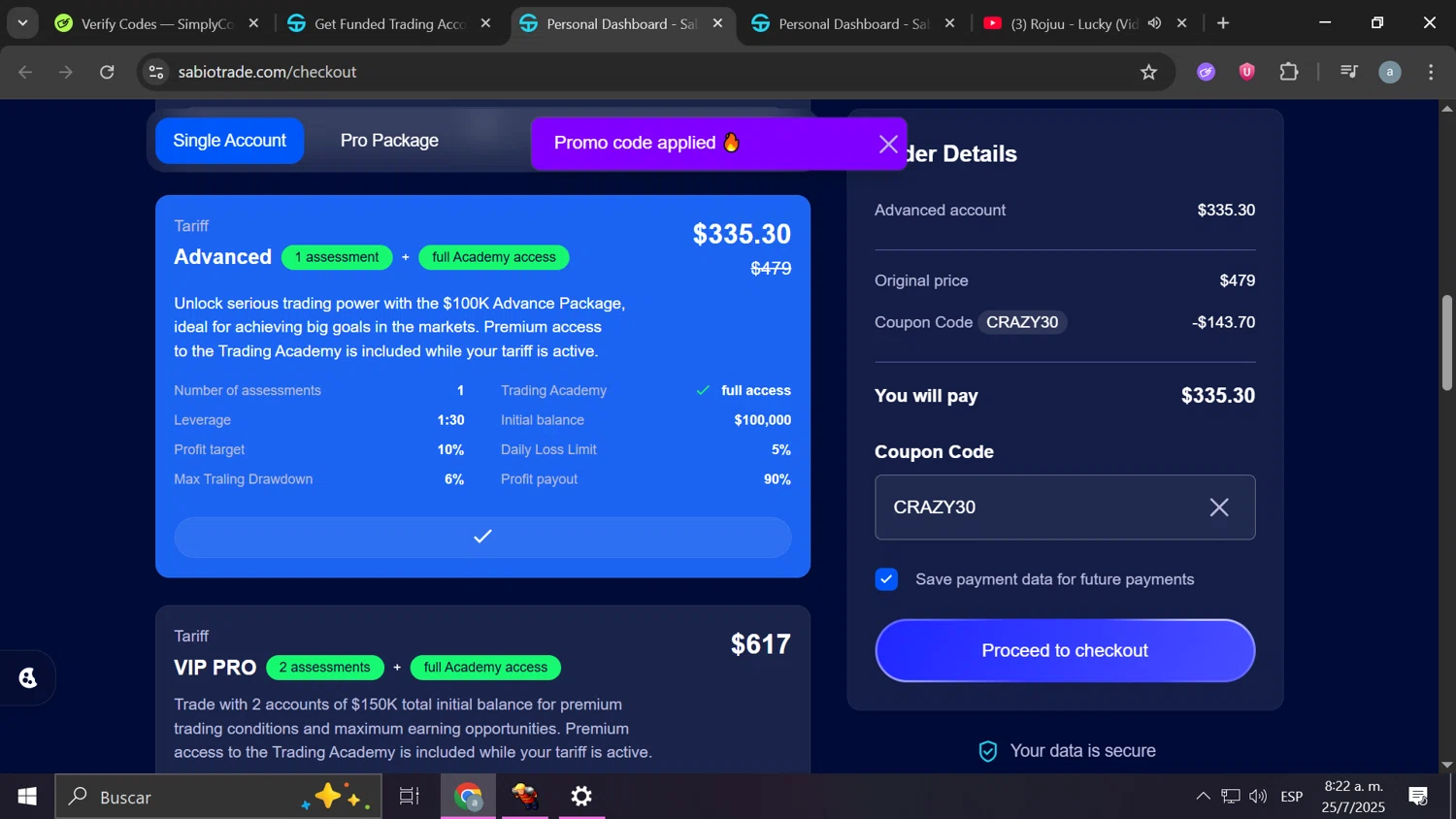 SabioTrade discount code screenshot showing code CRAZY30 applied at SabioTrade checkout page. Uploaded by SimplyCodes community member Frizk_1 on Jul 25, 2025