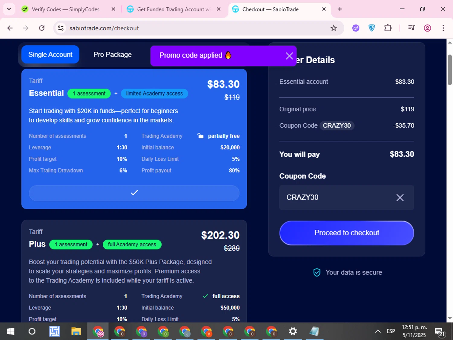 SabioTrade discount code screenshot showing code CRAZY30 applied at SabioTrade checkout page. Uploaded by SimplyCodes community member QuestCurator1644 on Nov 5, 2025