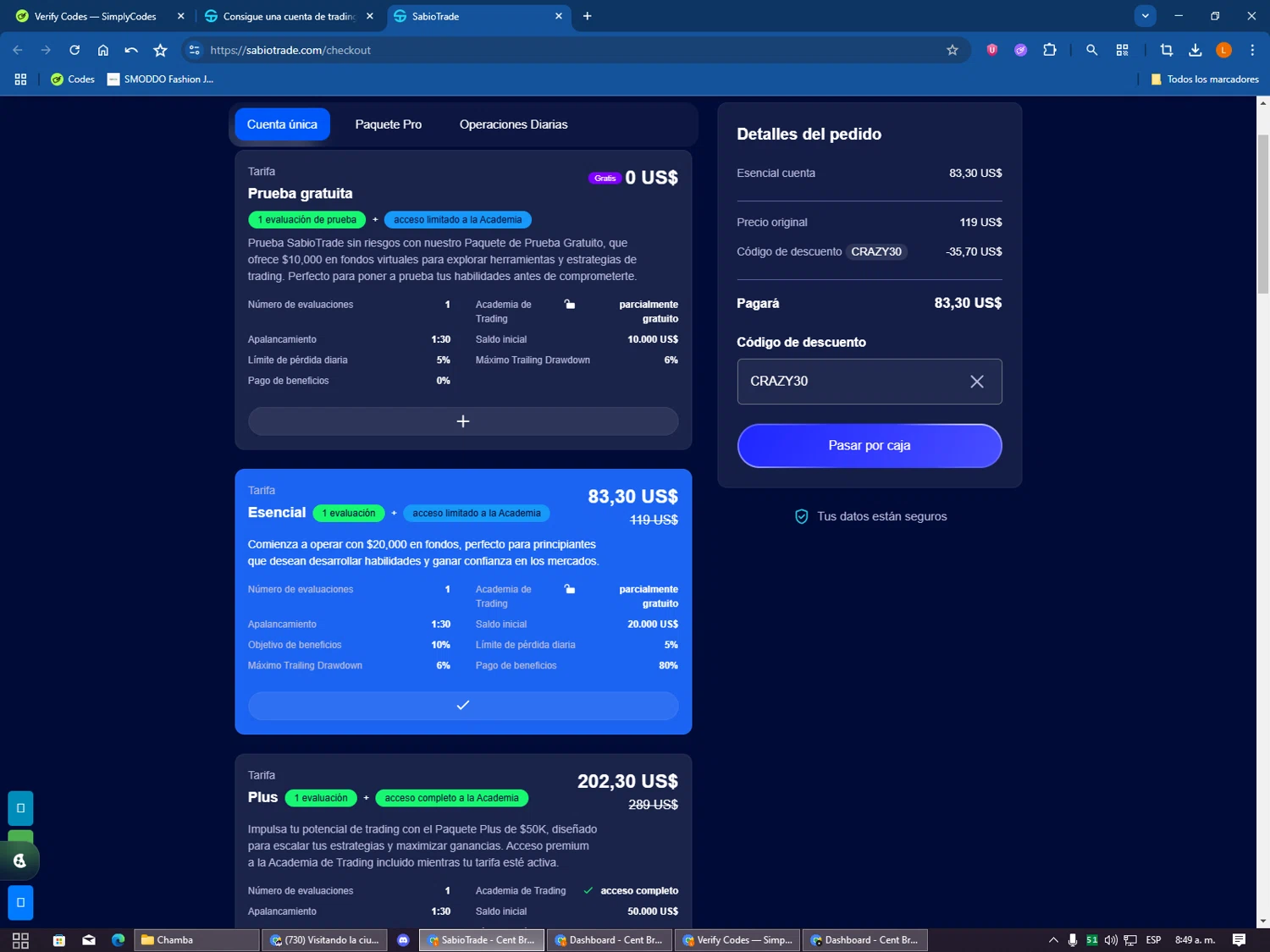 SabioTrade discount code screenshot showing code CRAZY30 applied at SabioTrade checkout page. Uploaded by SimplyCodes community member VictoriousSentinel2155 on Aug 23, 2025