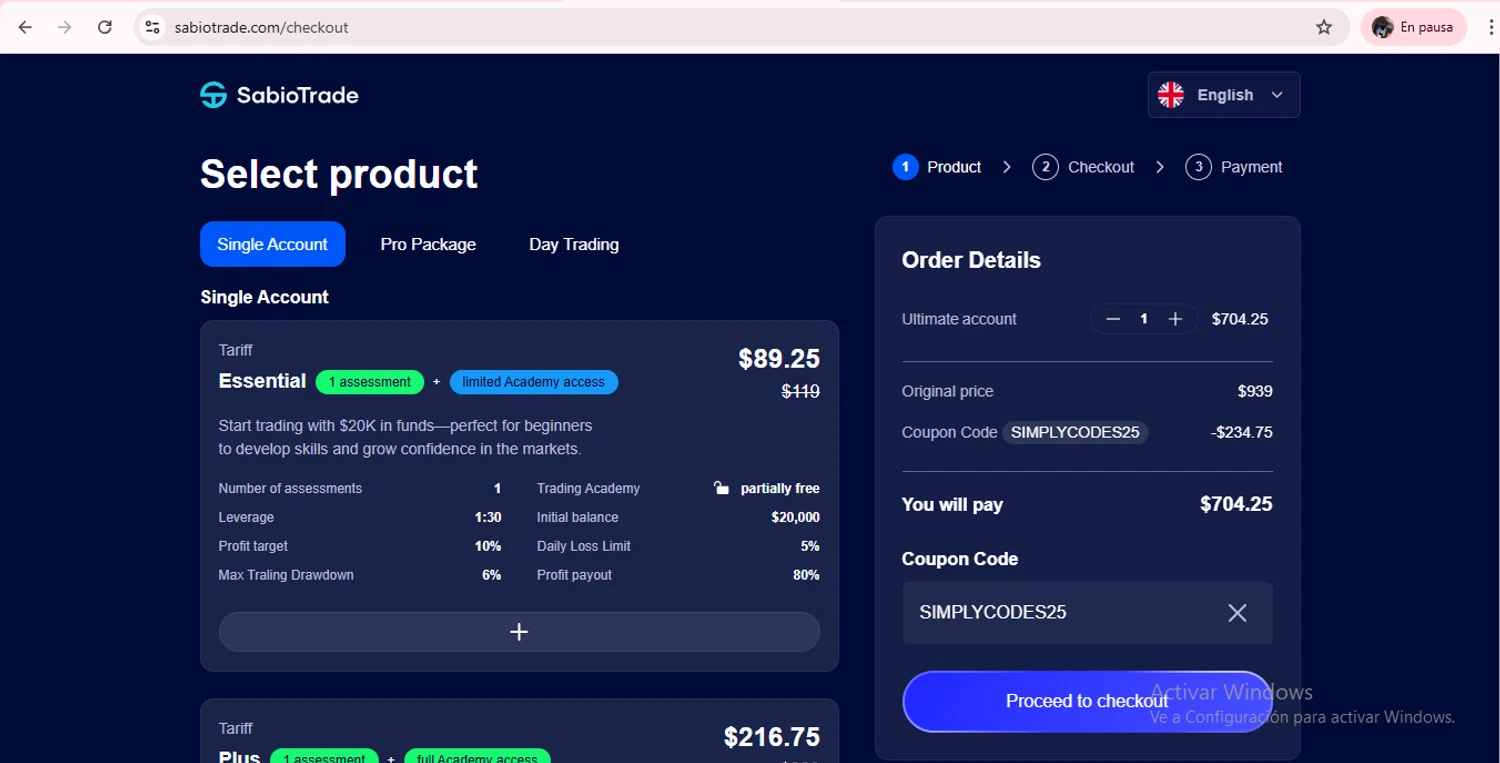 SabioTrade checkout page showing SabioTrade discount code box | Screenshot taken by SimplyCodes community member on Feb 6, 2026