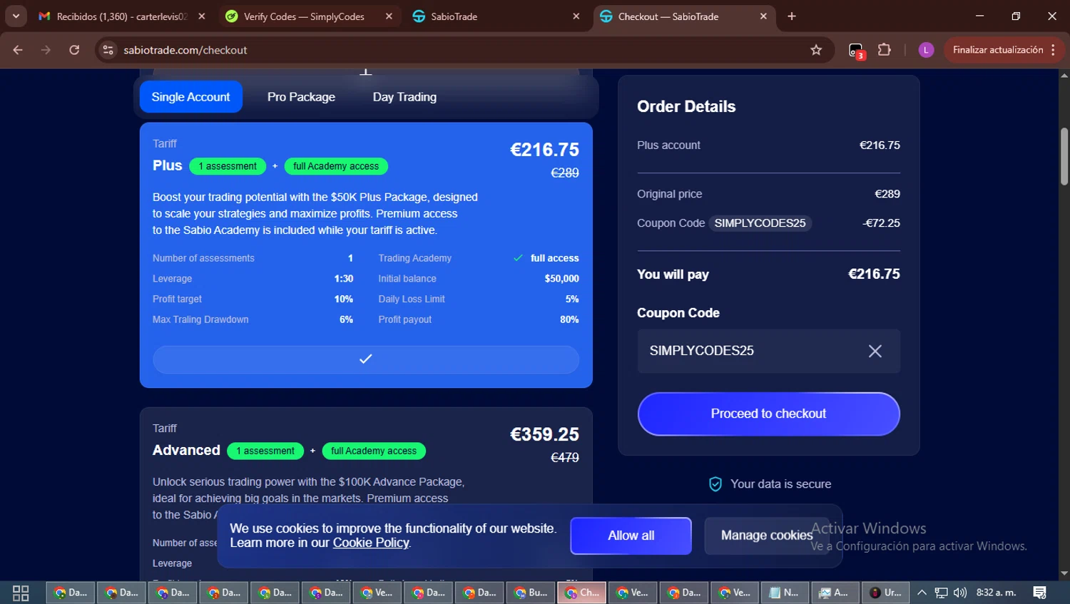 SabioTrade discount code screenshot showing code SIMPLYCODES25 applied at SabioTrade checkout page. Uploaded by SimplyCodes community member RewardScout5160 on Dec 10, 2025