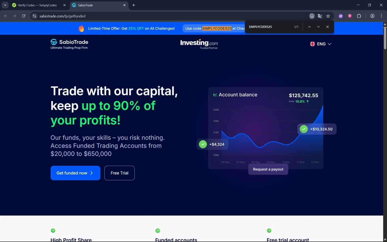 SabioTrade discount code screenshot showing code SIMPLYCODES25 applied at SabioTrade checkout page. Uploaded by SimplyCodes community member juan1702 on Aug 16, 2025