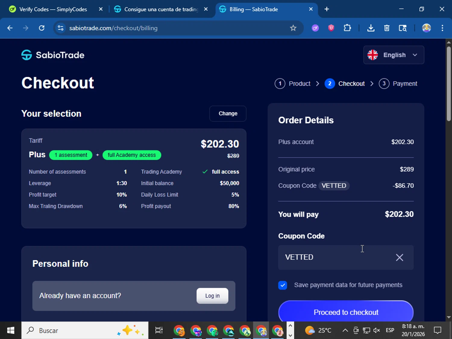 SabioTrade checkout page showing SabioTrade discount code box | Screenshot taken by SimplyCodes community member on Jan 20, 2026