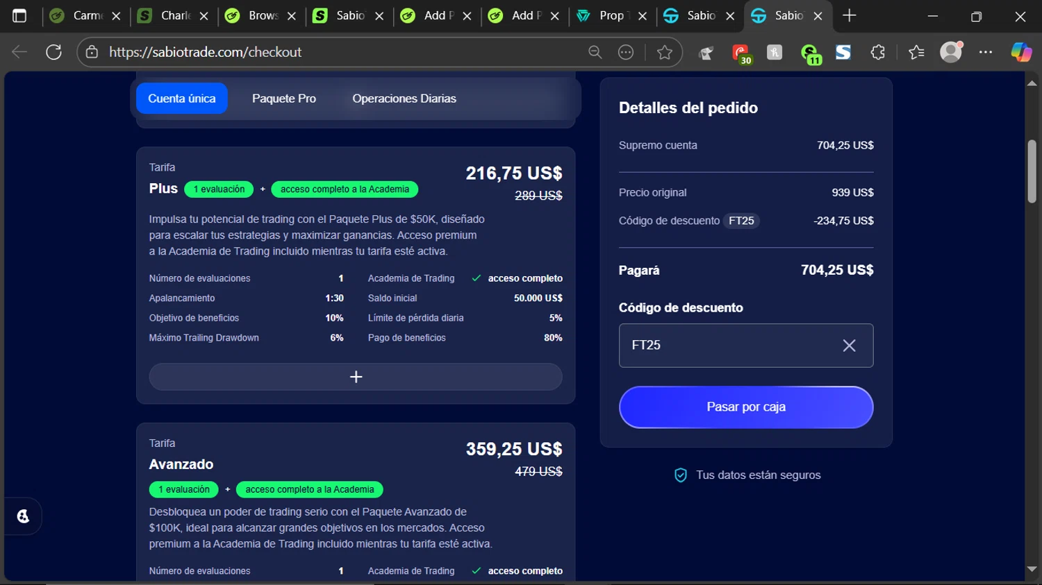SabioTrade discount code screenshot showing code FT25 applied at SabioTrade checkout page. Uploaded by SimplyCodes community member ESTHER3121 on Sep 17, 2025