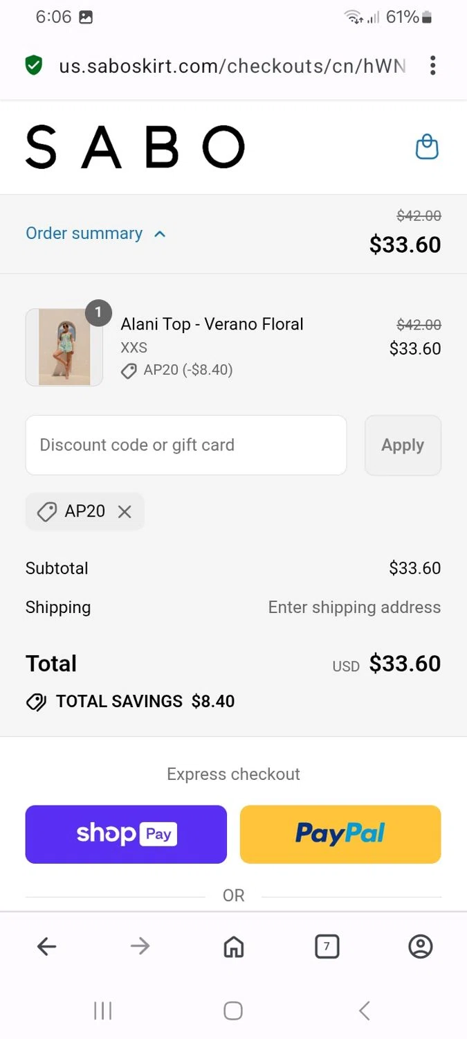 Sabo checkout page showing Sabo discount code box | Screenshot taken by SimplyCodes community member on Aug 14, 2025