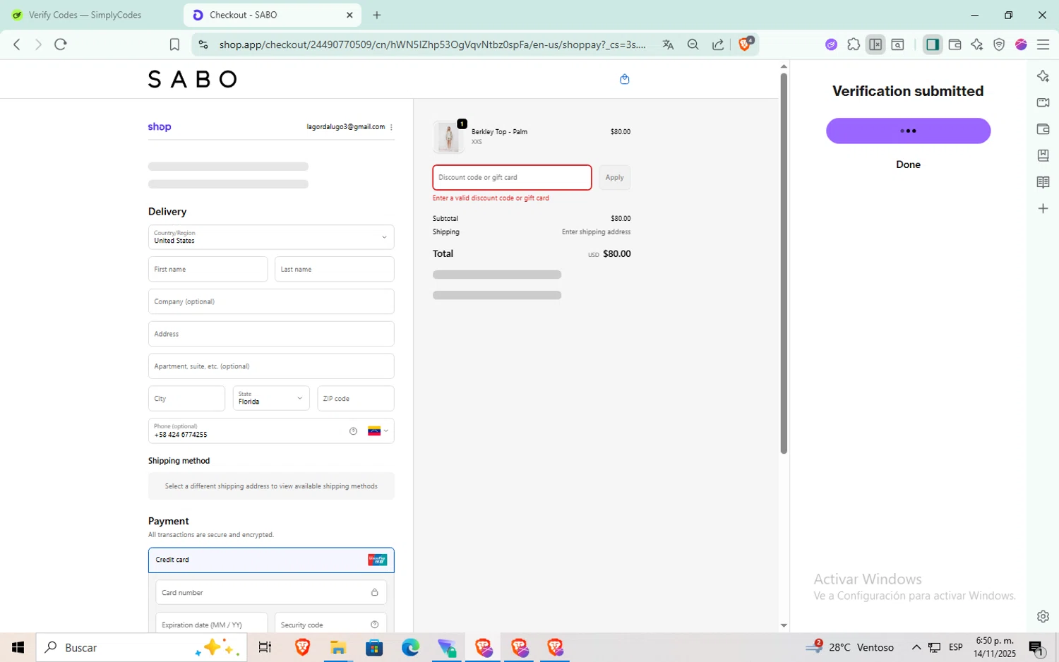 Sabo discount code screenshot showing code early20nov applied at Sabo checkout page. Uploaded by SimplyCodes community member aaaaaaaaaaaaaaa on Nov 14, 2025