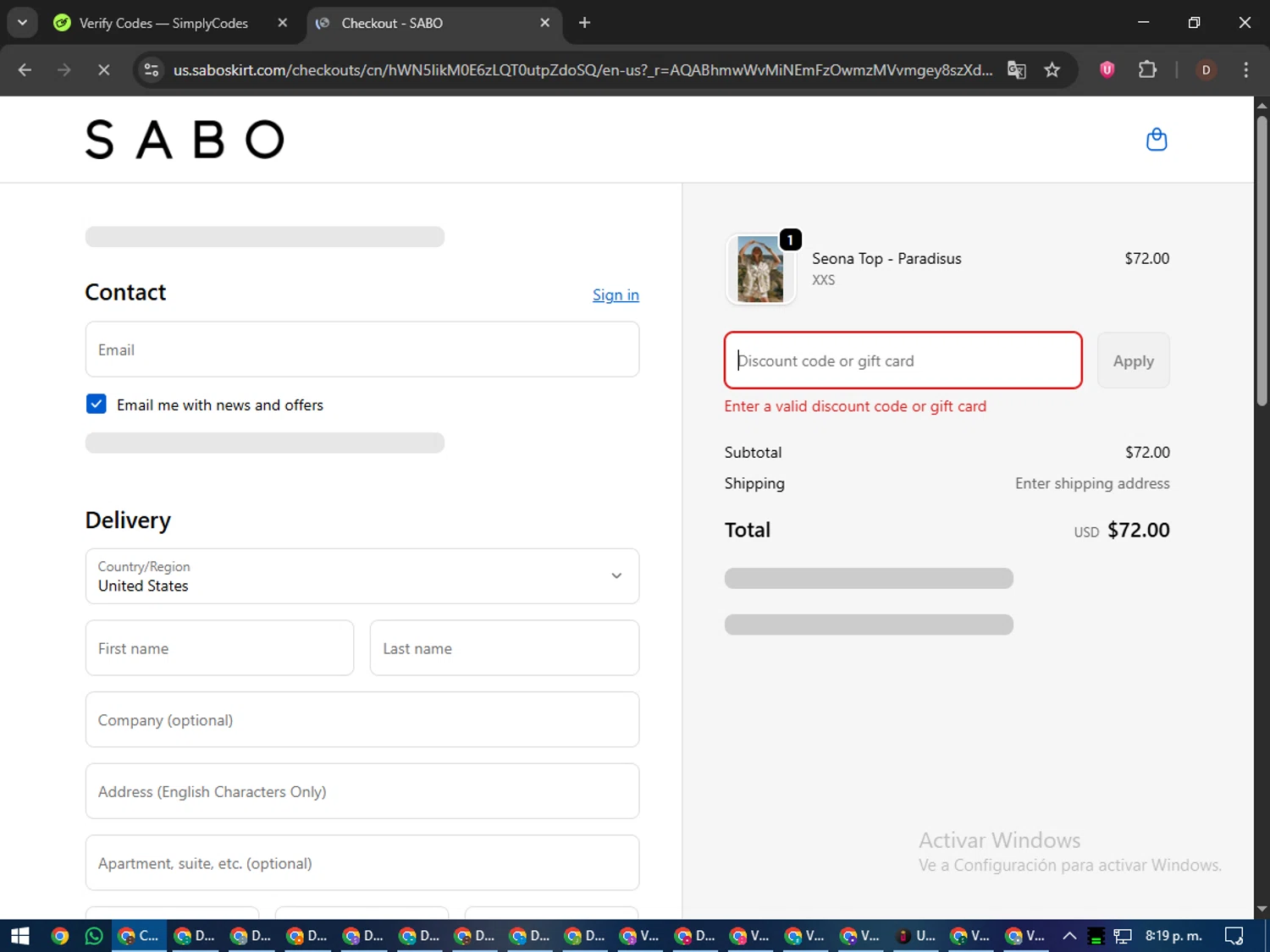 Sabo discount code screenshot showing code early20nov applied at Sabo checkout page. Uploaded by SimplyCodes community member liltecca on Nov 15, 2025
