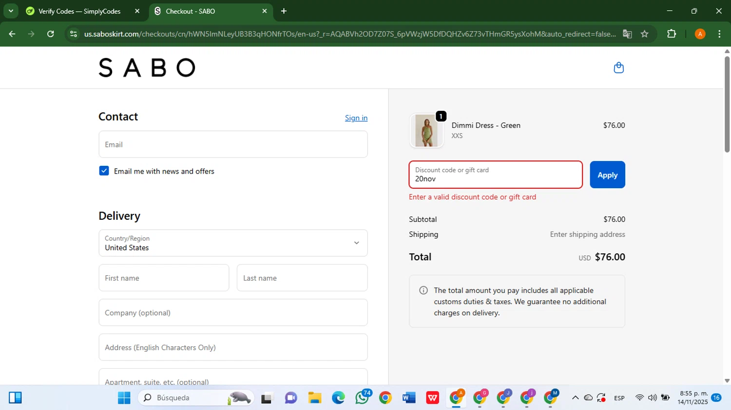 Sabo discount code screenshot showing code 20nov applied at Sabo checkout page. Uploaded by SimplyCodes community member AlfredoBonifacio on Nov 15, 2025