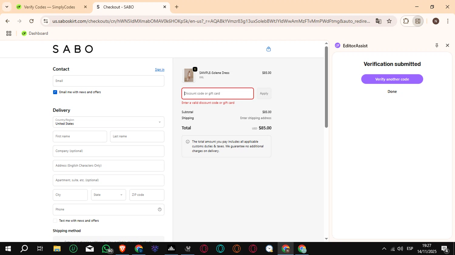 Sabo discount code screenshot showing code 20nov applied at Sabo checkout page. Uploaded by SimplyCodes community member Crchirino1 on Nov 14, 2025