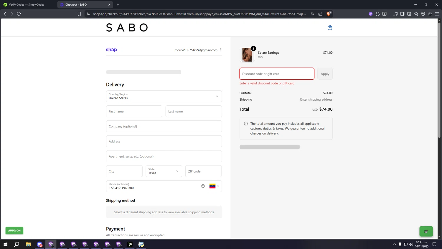 Sabo discount code screenshot showing code 20nov applied at Sabo checkout page. Uploaded by SimplyCodes community member ooooooooooooooooooo on Nov 15, 2025