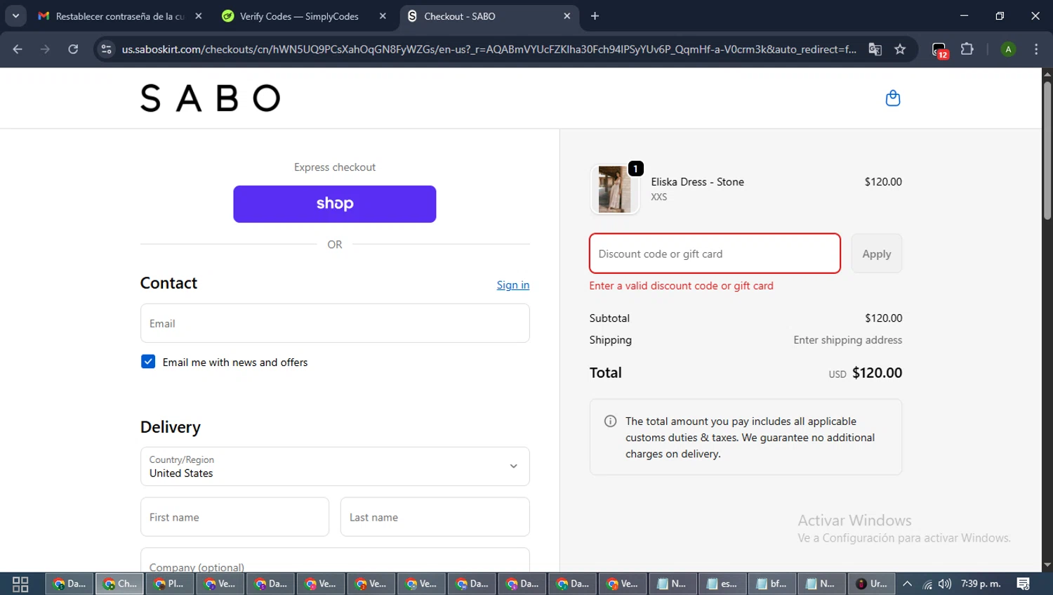 Sabo discount code screenshot showing code SINGLE20 applied at Sabo checkout page. Uploaded by SimplyCodes community member CashLynx5338 on Nov 19, 2025