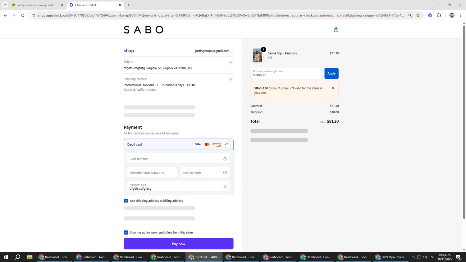 Sabo discount code screenshot showing code SINGLE20 applied at Sabo checkout page. Uploaded by SimplyCodes community member Salometta on Nov 10, 2025