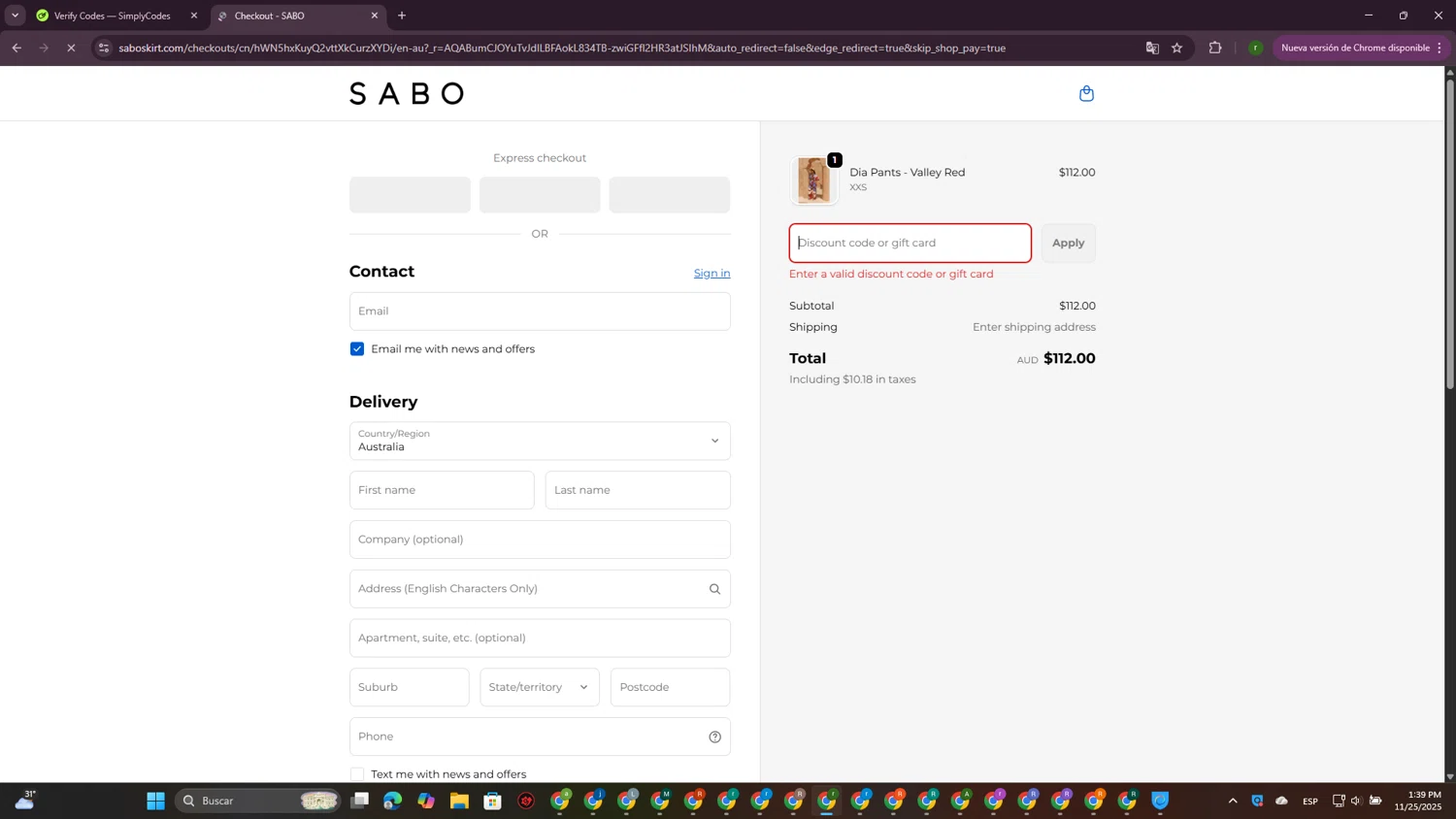 Sabo discount code screenshot showing code MATCH30 applied at Sabo checkout page. Uploaded by SimplyCodes community member GoldScout9735 on Nov 25, 2025