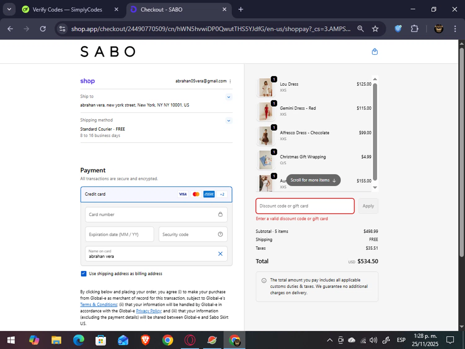 Sabo discount code screenshot showing code MATCH30 applied at Sabo checkout page. Uploaded by SimplyCodes community member abrahanv on Nov 25, 2025