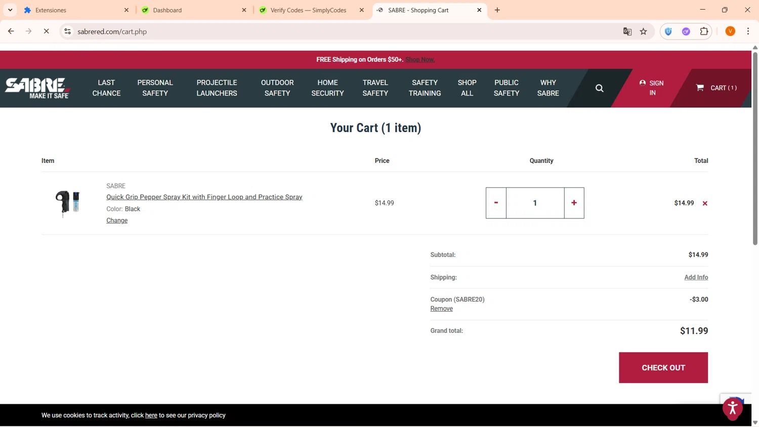 Sabre promo code screenshot showing code SABRE20 applied at Sabre checkout page. Uploaded by SimplyCodes community member FortunateFinder9465 on Feb 21, 2026