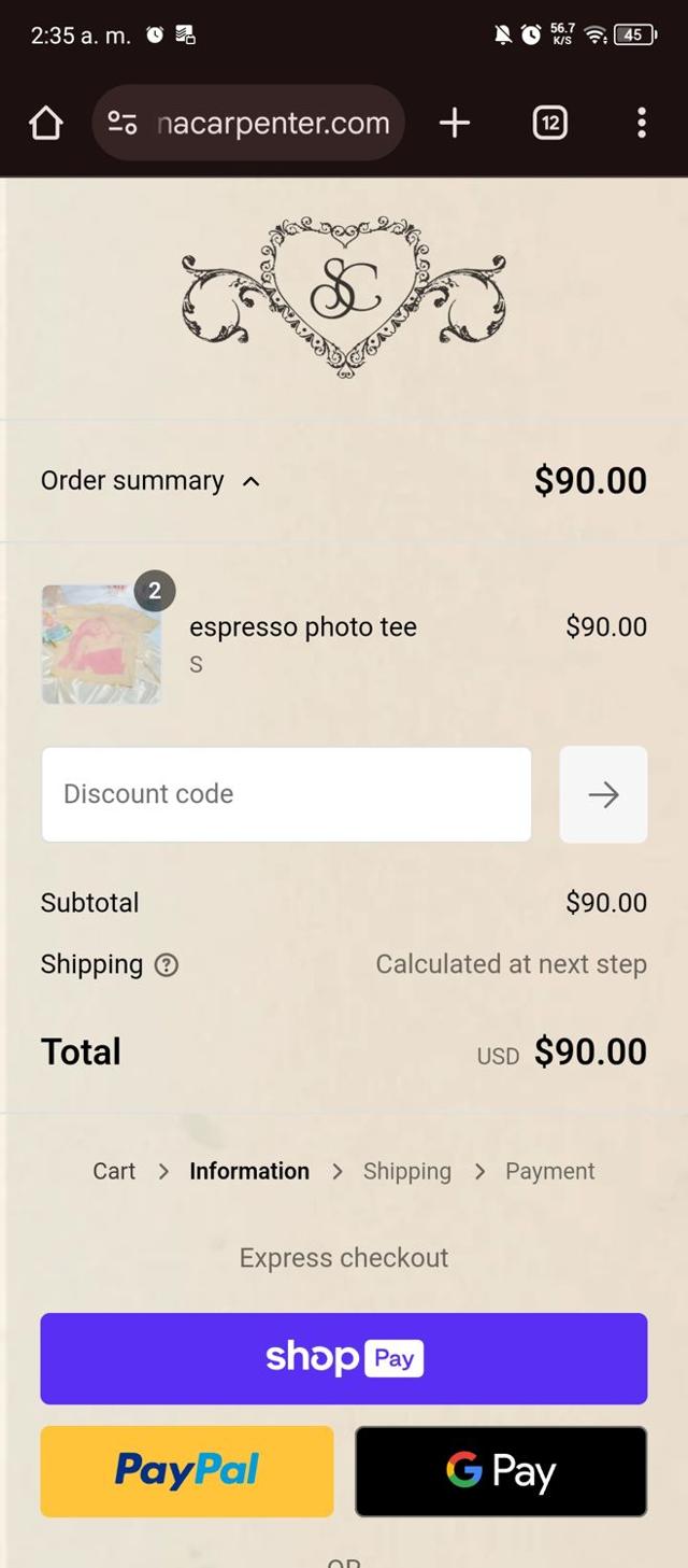 Sabrina Carpenter checkout page showing Sabrina Carpenter discount code box | Screenshot taken by SimplyCodes community member on Dec 31, 2024