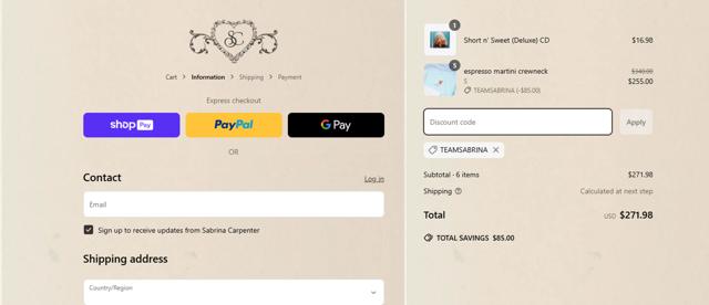 Sabrina Carpenter checkout page showing Sabrina Carpenter discount code box | Screenshot taken by SimplyCodes community member on Mar 21, 2025