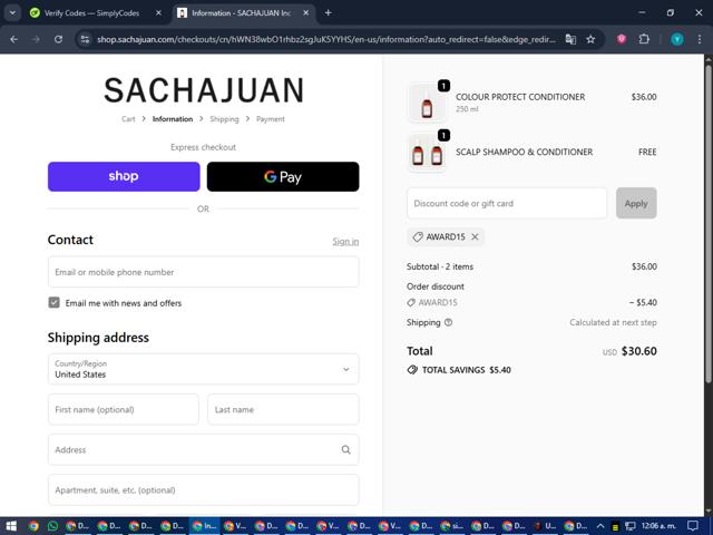 Sachajuan checkout page showing Sachajuan discount code box | Screenshot taken by SimplyCodes community member on Sep 19, 2025