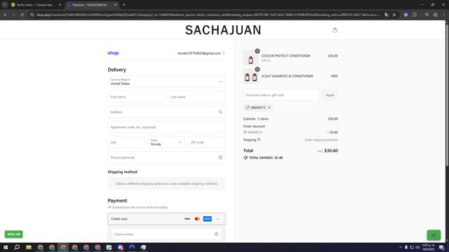 Sachajuan checkout page showing Sachajuan discount code box | Screenshot taken by SimplyCodes community member on Sep 10, 2025
