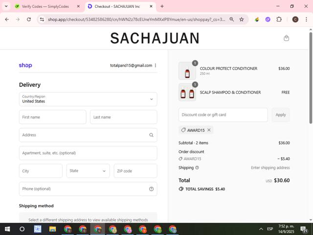 Sachajuan checkout page showing Sachajuan discount code box | Screenshot taken by SimplyCodes community member on Sep 14, 2025