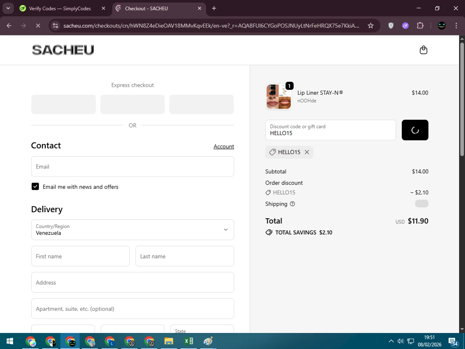 SACHEU Beauty checkout page showing SACHEU Beauty discount code box | Screenshot taken by SimplyCodes community member on Feb 8, 2026