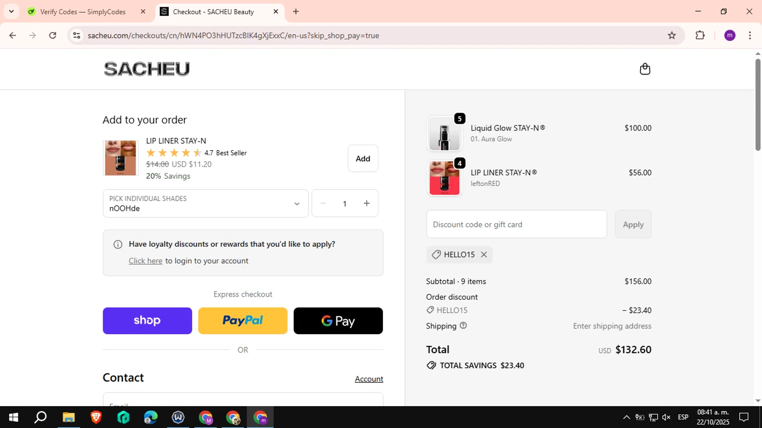 SACHEU Beauty discount code screenshot showing code HELLO15 applied at SACHEU Beauty checkout page. Uploaded by SimplyCodes community member VictoriousCurator6515 on Oct 22, 2025