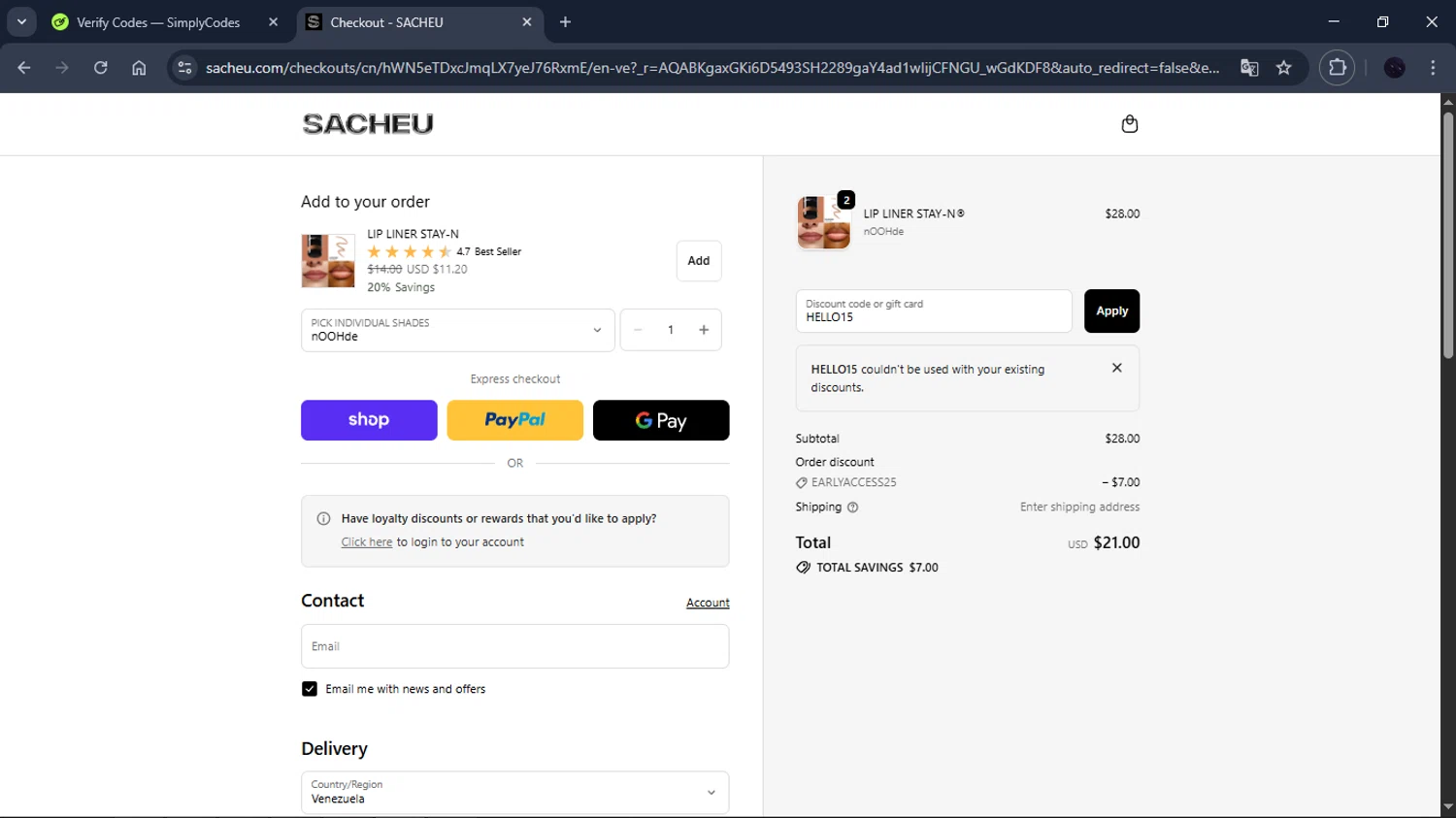 SACHEU Beauty discount code screenshot showing code HELLO15 applied at SACHEU Beauty checkout page. Uploaded by SimplyCodes community member ELAMARILLO on Nov 24, 2025