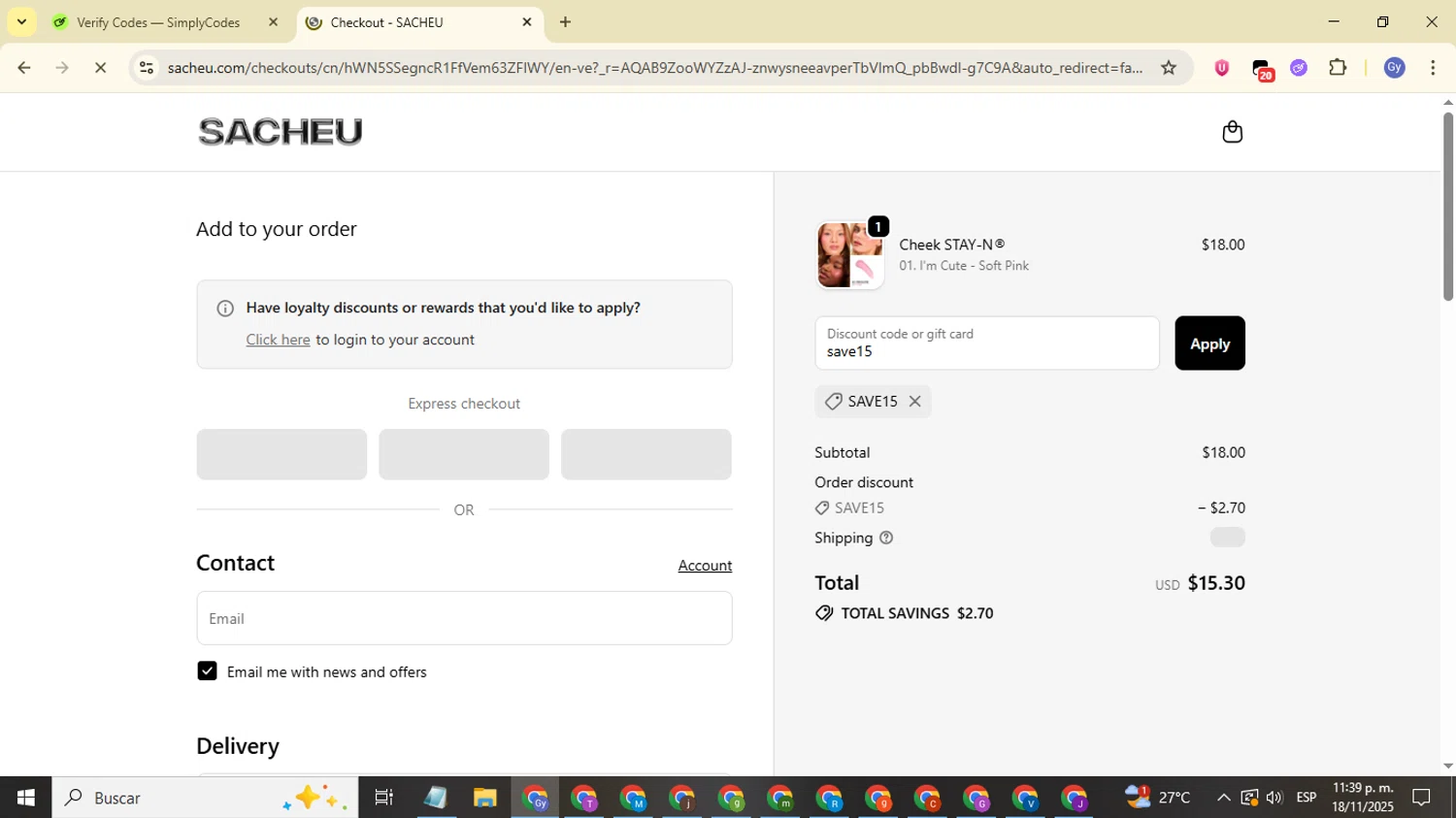 SACHEU Beauty discount code screenshot showing code save15 applied at SACHEU Beauty checkout page. Uploaded by SimplyCodes community member FrugalOwl962 on Nov 19, 2025