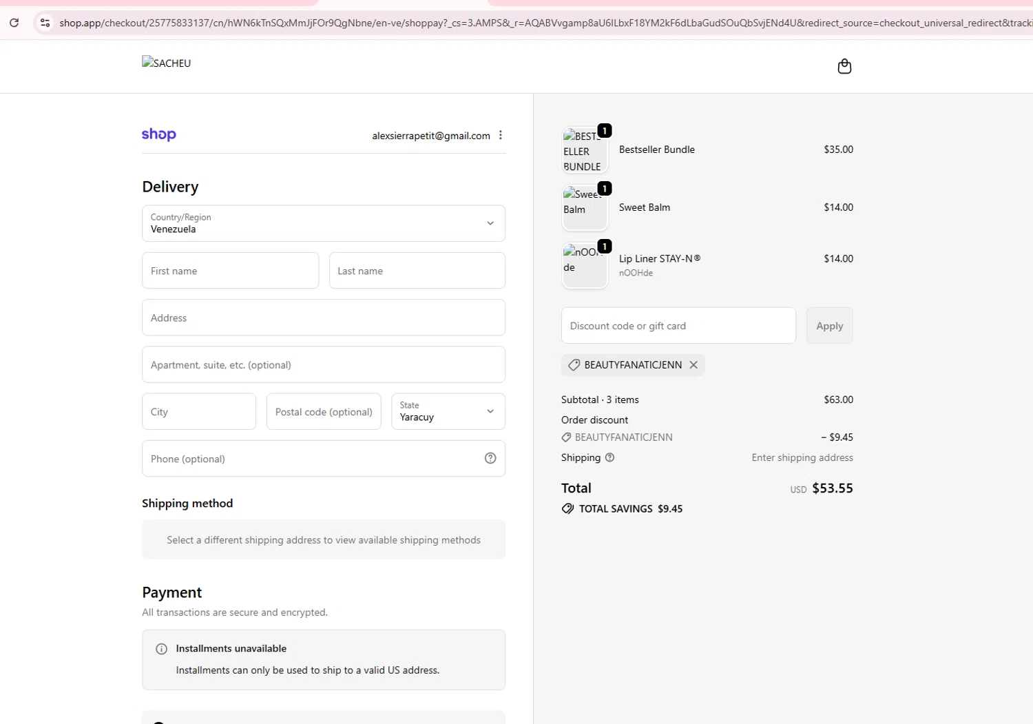 SACHEU Beauty discount code screenshot showing code BEAUTYFANATICJENN applied at SACHEU Beauty checkout page. Uploaded by SimplyCodes community member AlexanderSierraP on Dec 23, 2025