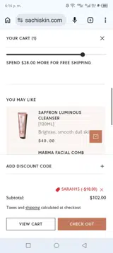 SARAH15 coupon verification screenshot